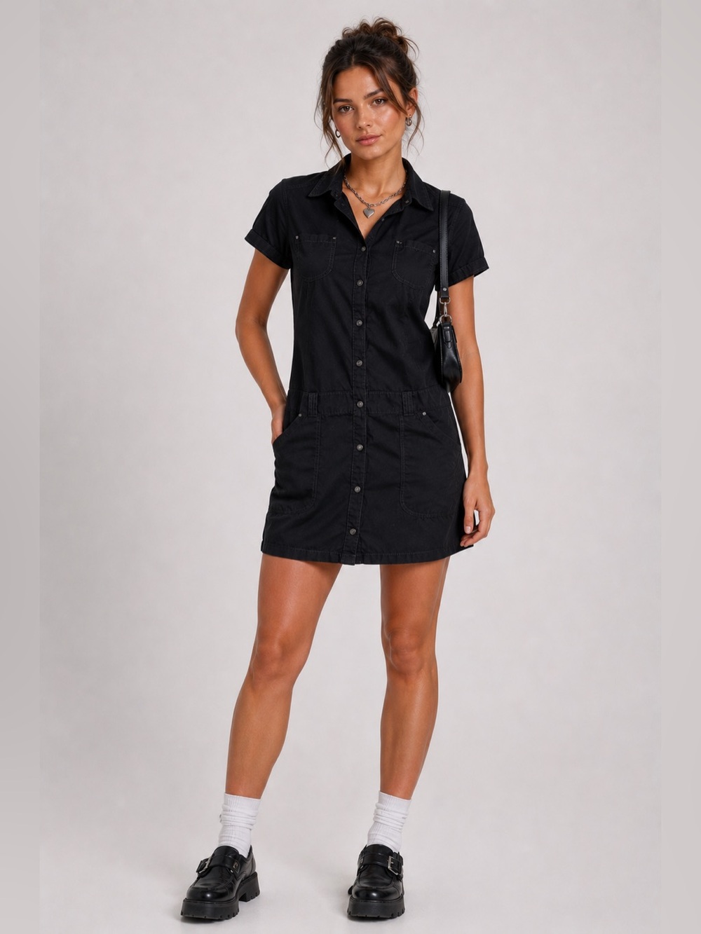 Esprit Black Utility Shirt Dress Snap Front Pockets Size 2